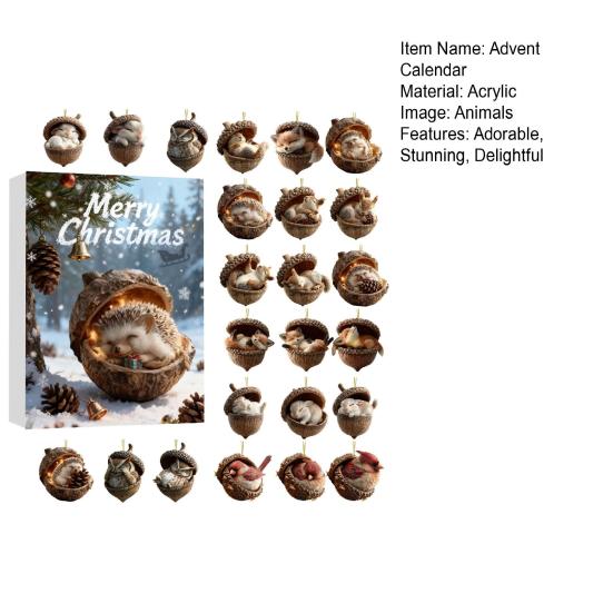 2025 Bosdier Eikel Ornamenten Kerst Adventskalender Knusse Dennenappel Dieren Afteldecoratie 2D Acryl Bosdier Ornamenten voor Kerst