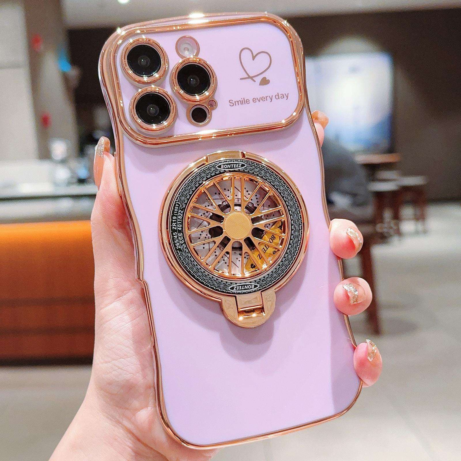 For iPhone 16 Pro Case Electroplating Gyro Design Kickstand Soft TPU Phone Cover E