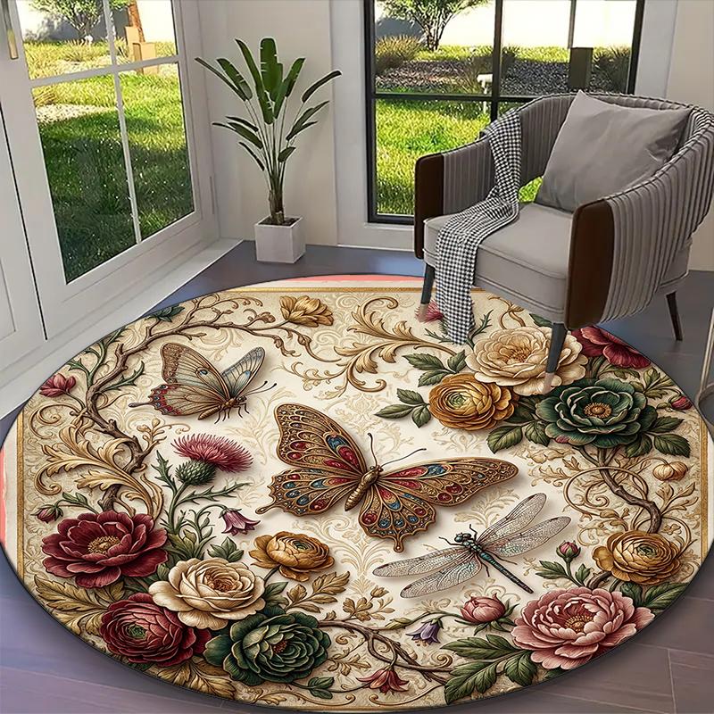 [1pc Cream Ivory Floral Butterfly Meadow Office Chair Carpet] Digital Printed Round Rug for Home & Game Room Use, Soft Indoor Sofa Chair Mat