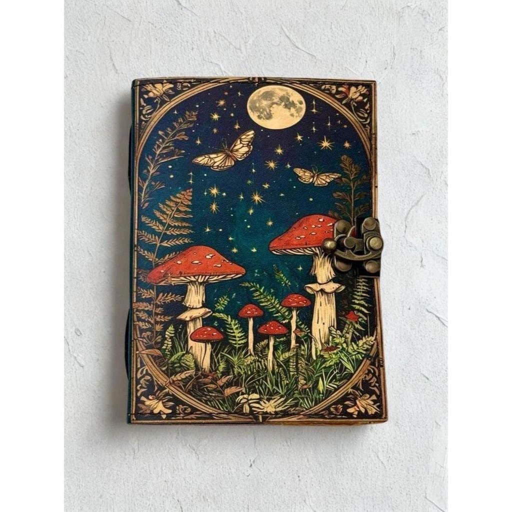 Mushroom Leather Journal With Antique Deckle Edge Paper Personalized Gift Blank Spell Book of Shadows Wiccan Pagan Gift for Him