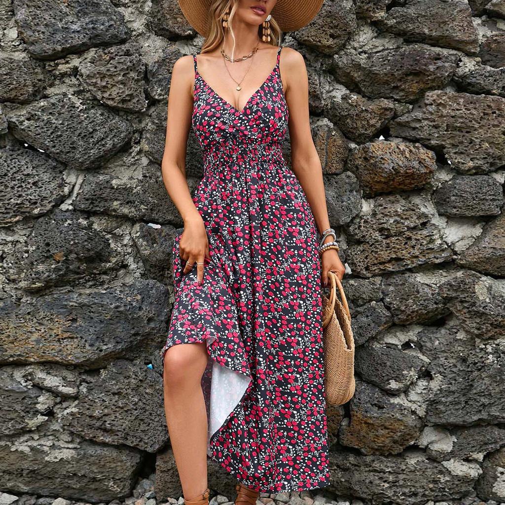 Women's Dresses Casual Elegant Floral Printed Strapless Stretch Belt V-Neck Dresses