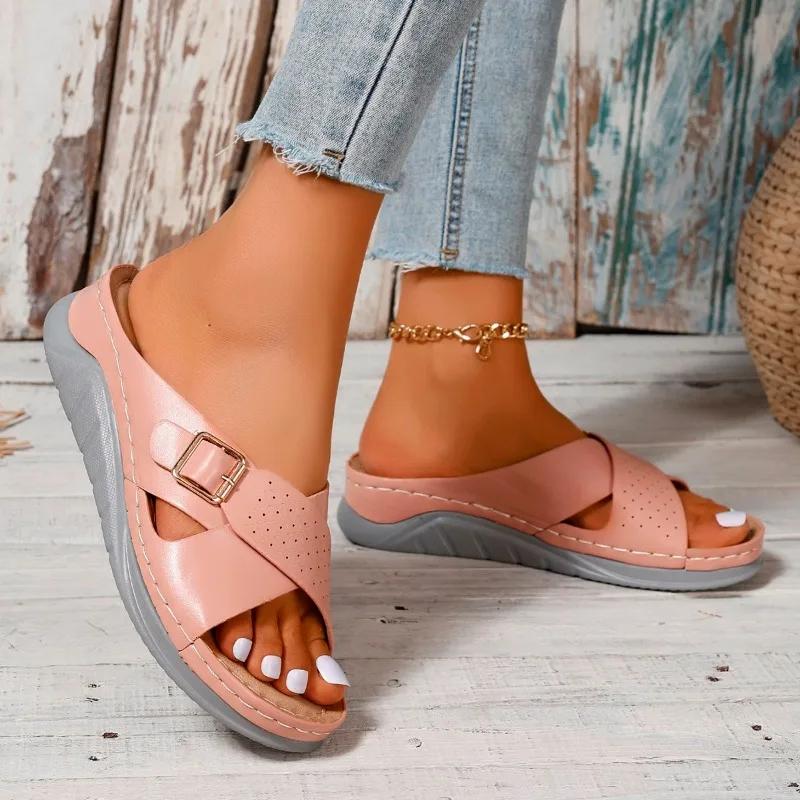 Fashion Plus Size Shoes Female 2024 Hot Sale Women's Slippers Casual Slippers Women Buckle Round Toe Wedges Open Toe Women's Sandals