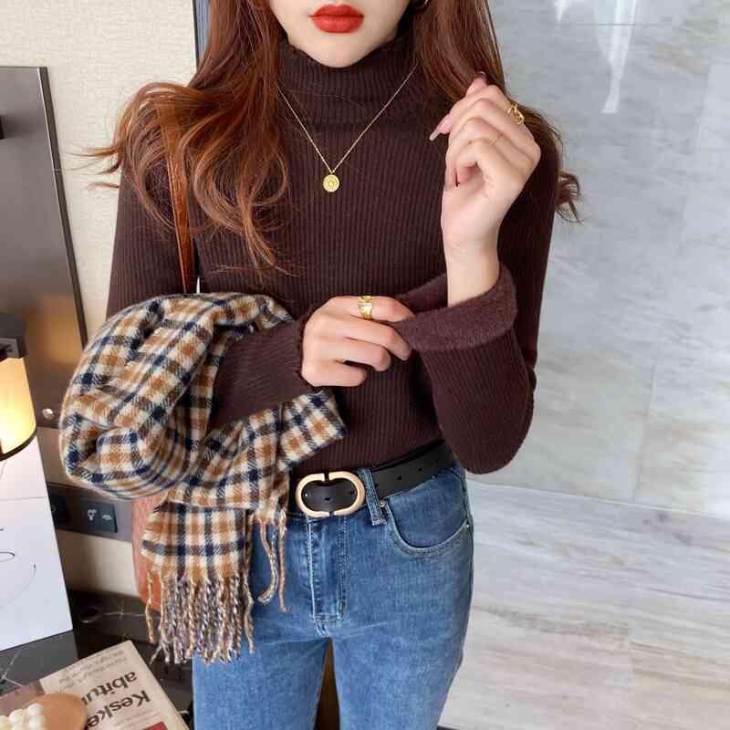 Casual Velvet Warm Pullovers Sweater for Women Fashion Thickened Half High Collar Base Autumn Sweaters Women Solid Slim Fit Plush Winter Jumpers 25613