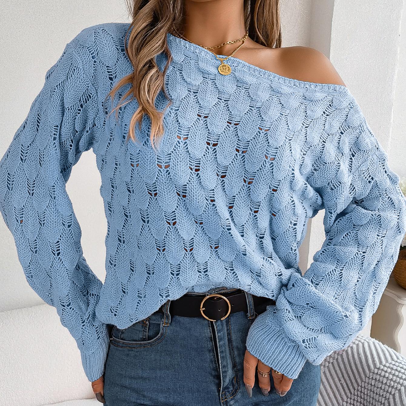 

Осенне-зимний женский модный повседневный свитер с рукавами-фонариками и открытыми плечами с перьями L синий