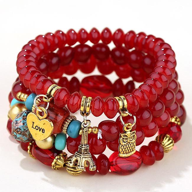 

Trendy European-American Multi-Charm Bracelet: Owl, Heart, Eiffel Tower, Candy Beads.