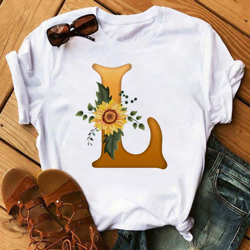 Maycaur Women's T Shirt Custom Name Letter Combination Print Tshirt Sunflower Letter Font A B C D E F G Short Sleeve Ladies Tops
