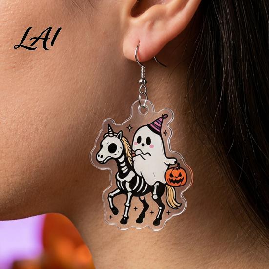 Unique Gothic Dangle 1 Pair Acrylic Halloween Earrings for Women 2D Flat Cute Cartoon Playful Dark Style Ghost Skull Drop Earrings Holiday