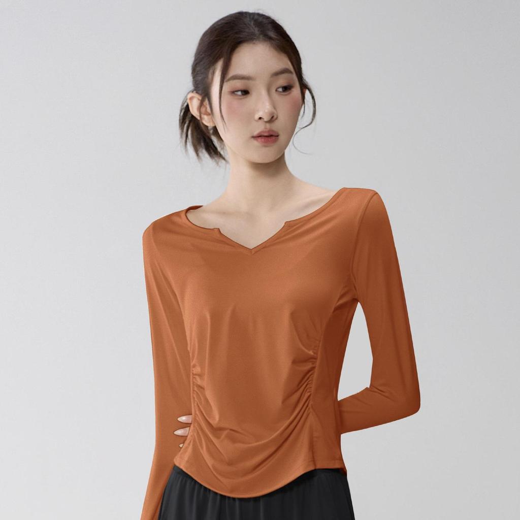 Women's V-Neck Yoga Suit: Loose, Quick-Dry, Long Sleeve for Casual Sports and Pilates Training