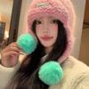 Knitted Earflap Hat with Pom Poms Soft Thick Yarn Winter Beanie Warm Headwear for Outdoor Activities and Cold Weather Protection