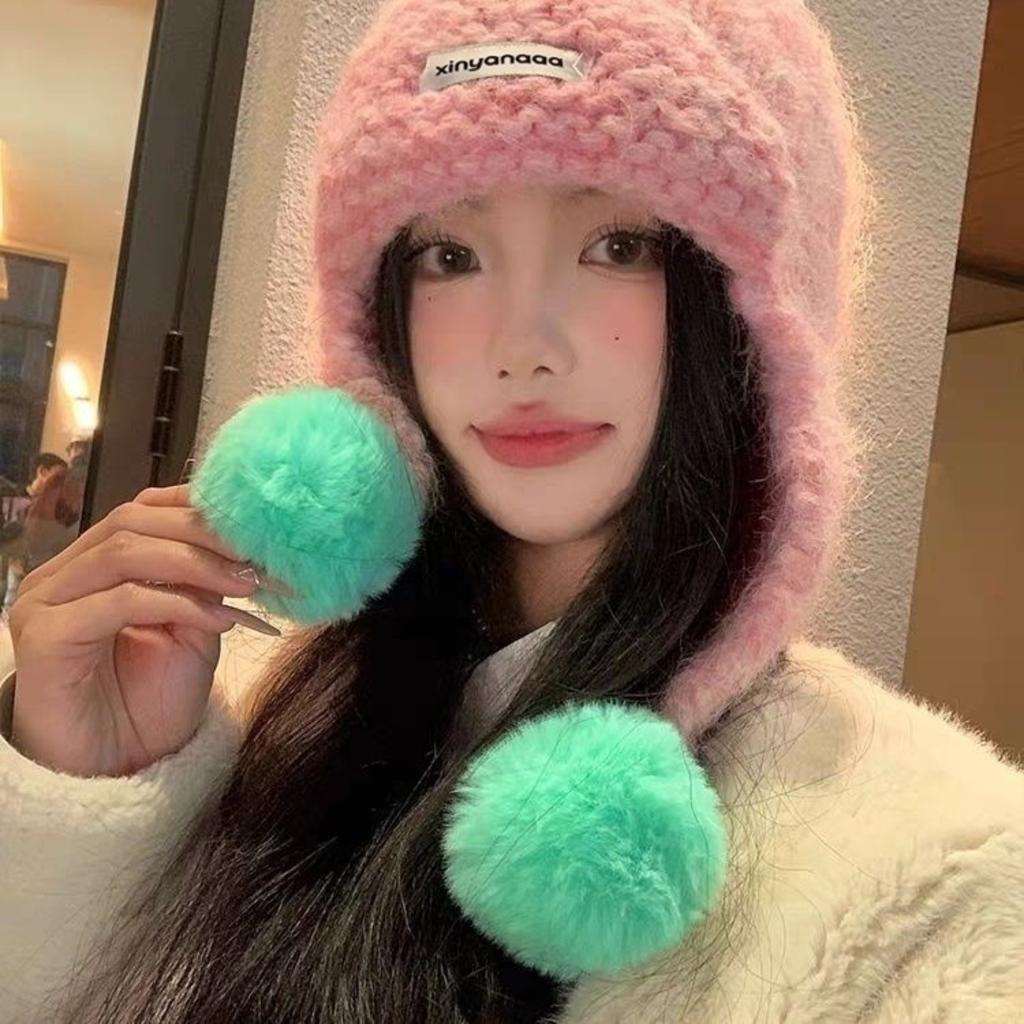 Knitted Earflap Hat with Pom Poms Soft Thick Yarn Winter Beanie Warm Headwear for Outdoor Activities and Cold Weather Protection