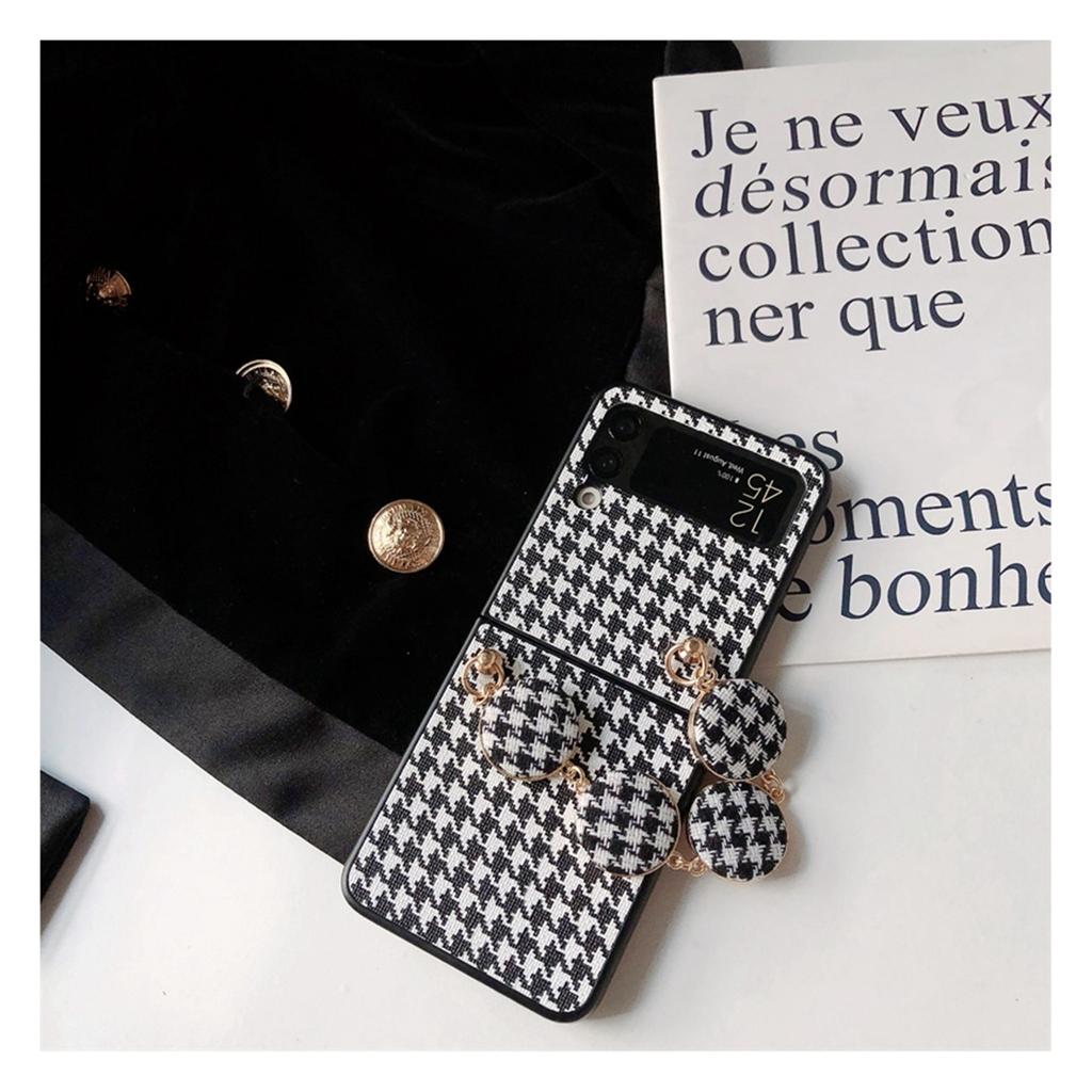 Stylish Luxury Cute 3d Camellia Houndstooth Pu Leather Phone Case For Samsung Galaxy Zflip4 Z Flip 3 5g With Portable Ring Cover