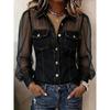 Spring New Women's Fashion Casual Faux Denim Patchwork Chiffon Long-sleeve Top