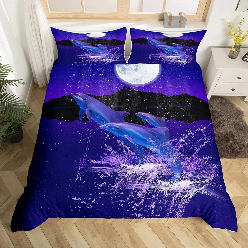 Blue Sea And Galaxy Duvet Cover Set Full,3D Whale Ocean Creatures Bedding Sets Space Starry Mysterious Nebula Comforter Cover