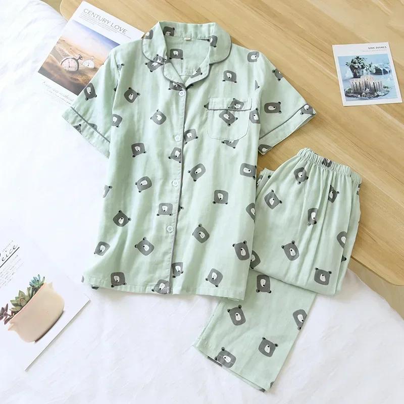 New Spring and Summer Pajamas Two-piece 100% Cotton Gauze Women's Short-sleeved Trousers Home Service Suit Cute and Thin