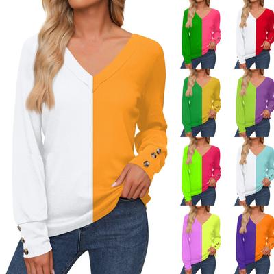 Women's Casual Fashion Splicing Color Long Sleeve Cuffs Button Shirt V Neck Casual Loose T-Shirt Autumn Clothing
