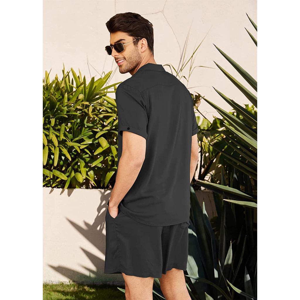 Summer Men's Cotton Linen Shirt Set Men's Casual Outdoor 2-Piece Suit and Home Clothes Pajamas Comfy Breathable Beach Short Sleeve Sets