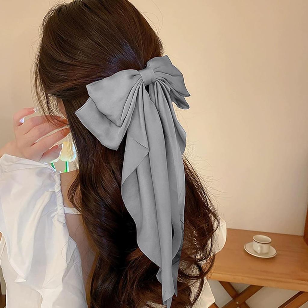 6PCS Large Elegant Ribbon Bow Hair Clip for Women Simple Solid Color Satin Ponytail Hairpins Bowknot Barrettes Hair Accessories