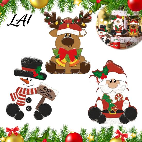 Seasonal Desktop Party Supplies 3Pcs Christmas Wooden Tabletop Decor Set Santa Snowman Reindeer Figurine Hanging Gift for Family Tree Ornament with