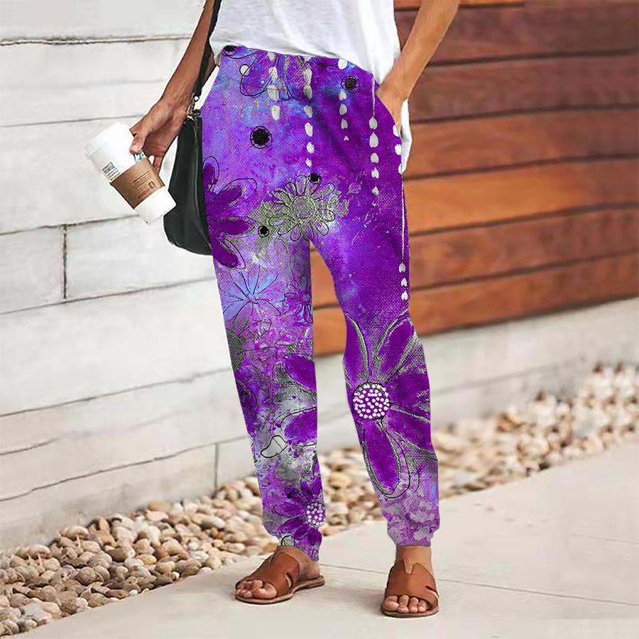 

Женские брюки с цветочным принтом на шнуровке, с эластичной талией, свободные брюки, повседневные длинные брюки, брюки с карманами 8XL фиолетовый
