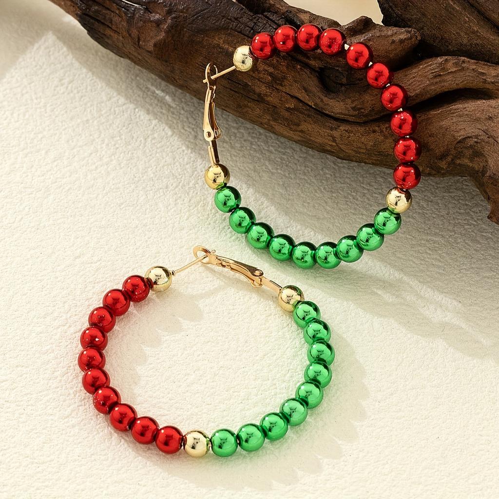 Red and Green Contrasting Colors Acrylic Beaded Earrings Retro Simple Christmas Atmosphere Literary and Advanced Women's Earrings