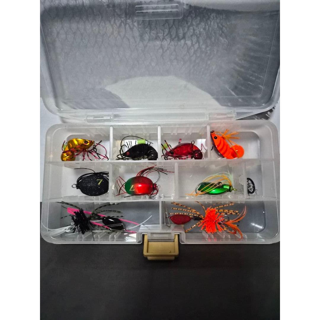 Used Set of 9 chinning lures, 3 Brainius Negatate, 4 Chinukoro, 2 unknown, with case.