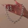 Elegant Diamond Flower Pearl Stud Earrings & Necklace Set