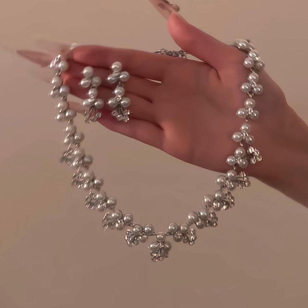 Elegant Diamond Flower Pearl Stud Earrings & Necklace Set