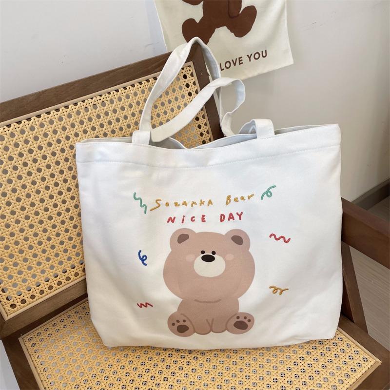 Large Capacity Tote Bag Women's New Trendy Cartoon Bear Printed Shopping Bag Shoulder Bag Canvas Bag