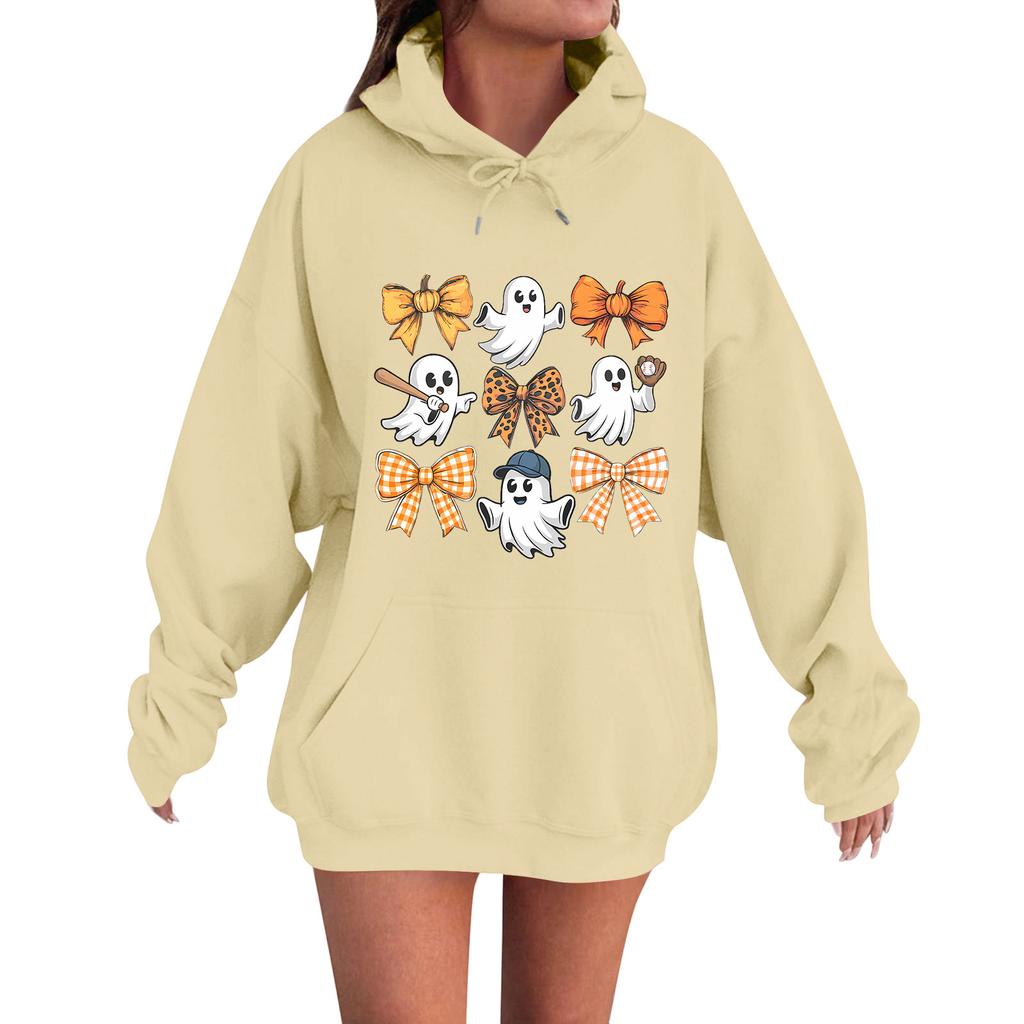 Women's Casual Fashion Comfortable Round Neck With Hood Long Sleeve Halloween Print Warm Sweatshirt