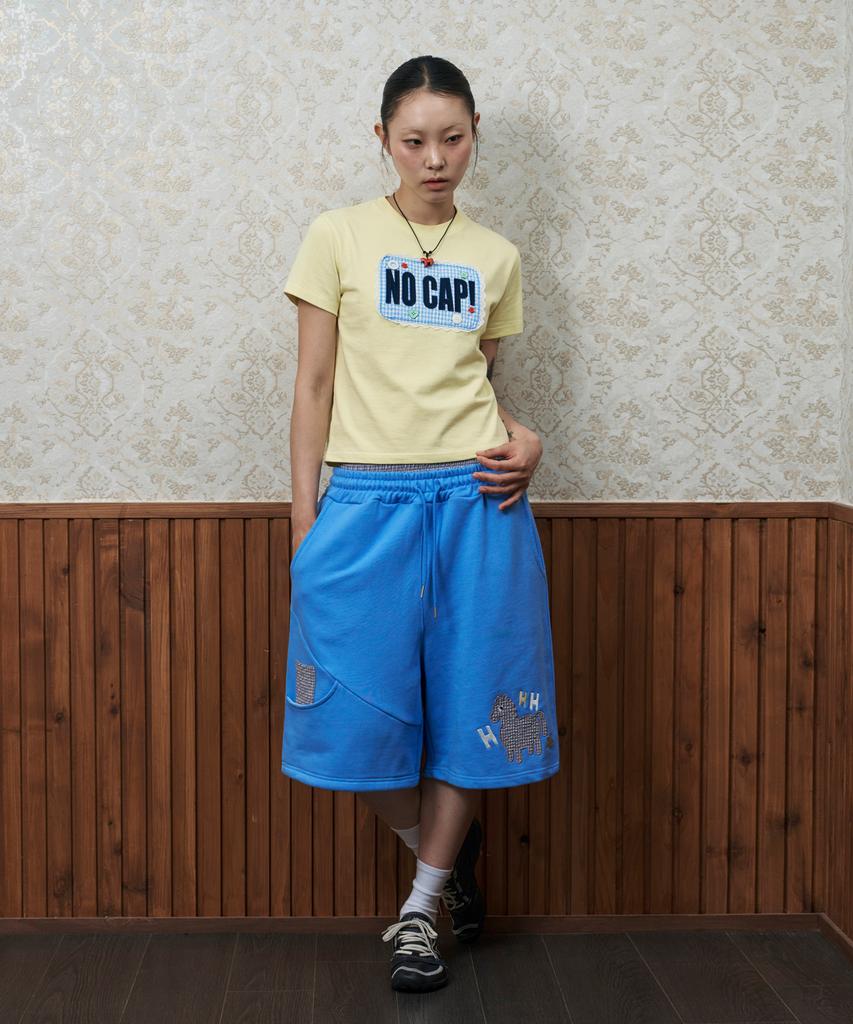 Lujeoseukeulleob [Jamaehwa] Pony Check Layered Bermuda Sweatpants Blue