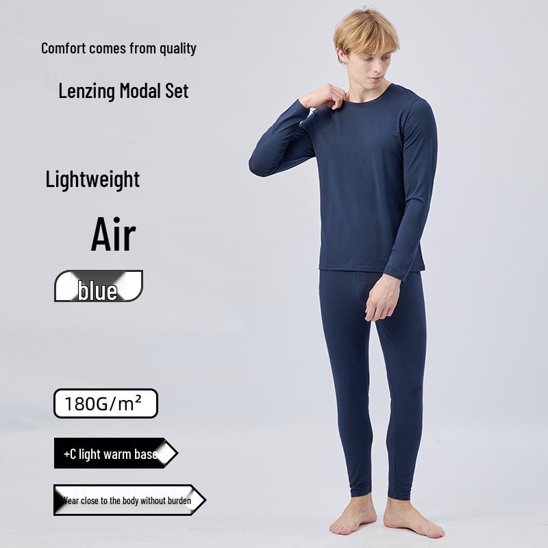 Men's Modal Thermal Set: Thin Base Layer with Round Neck Top & Trousers for Autumn/Winter