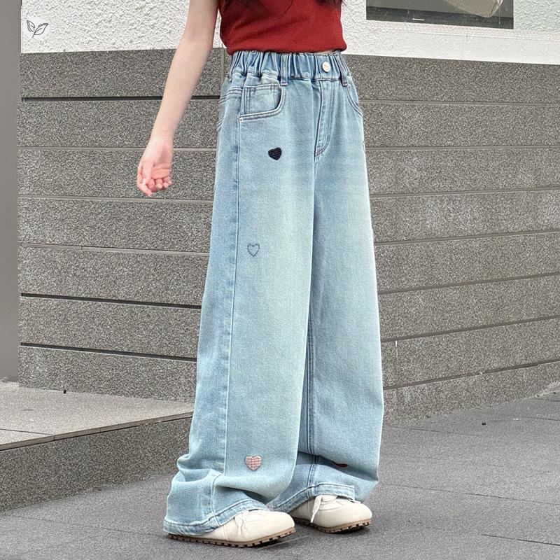 Girls' Love Embroidery Wide-Leg Jeans - Light Blue Floor-Length, Early Autumn 2026 Collection for Medium & Large Children.