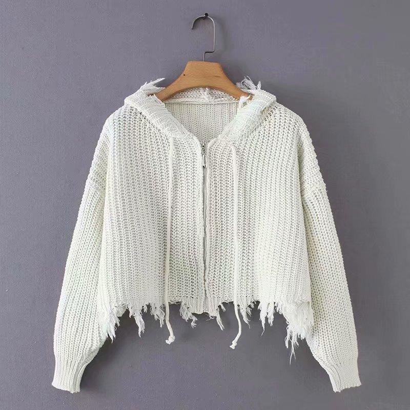 Women S Solid Color Hooded Knit Cardigan Zip Sweater Coat Loose V Neck Autumn Winter