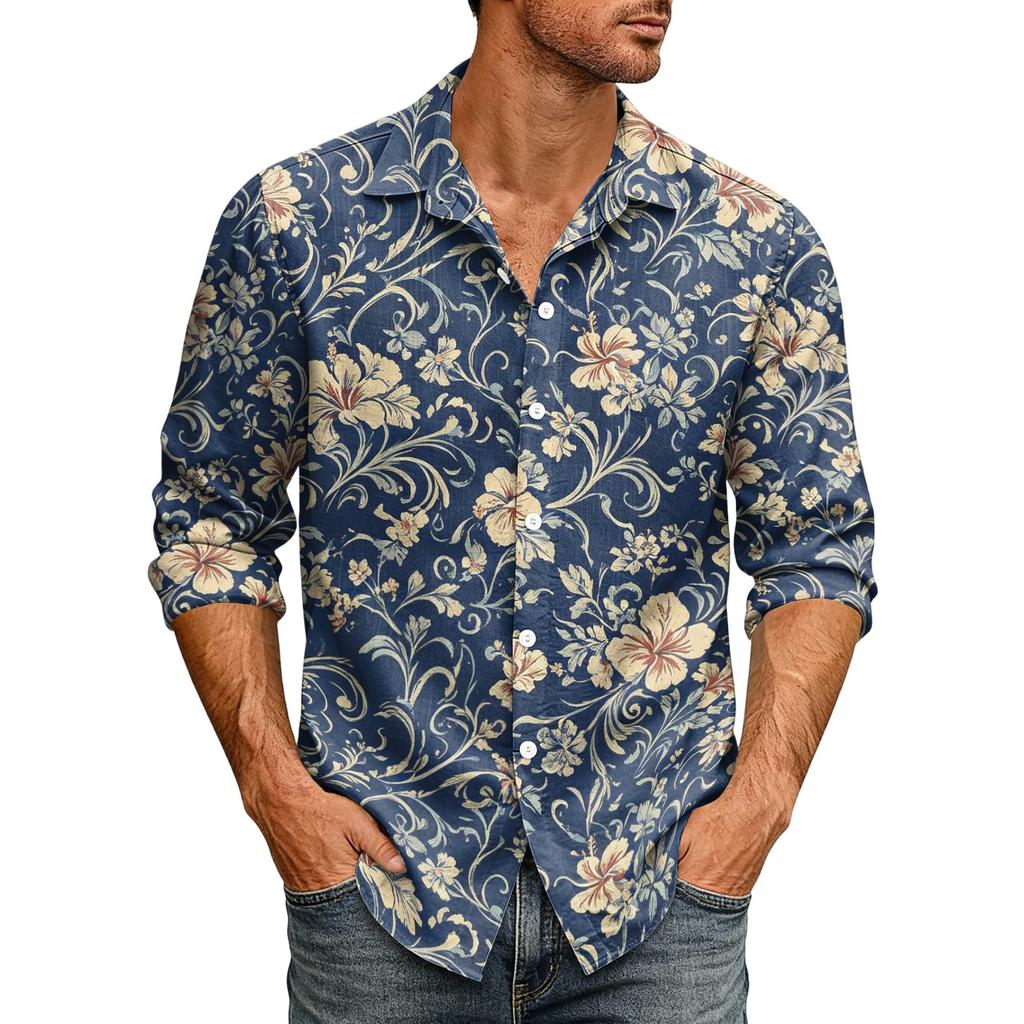 Men's Loose Fit Long Sleeve Shirt Hawaiian Style Retro Casual Button Down Shirt with Spread Collar Suitable for Spring and Autumn Wear
