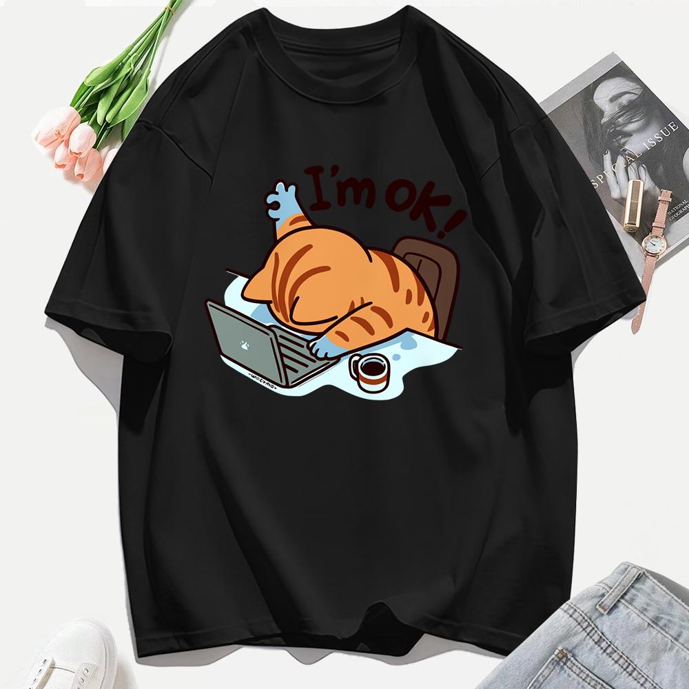 A Cat That Persists In Work Print Women T Shirts Casual Hip Hop Tees Tops Multicolor Cotton Sportswear Loose Short Sleeve Female