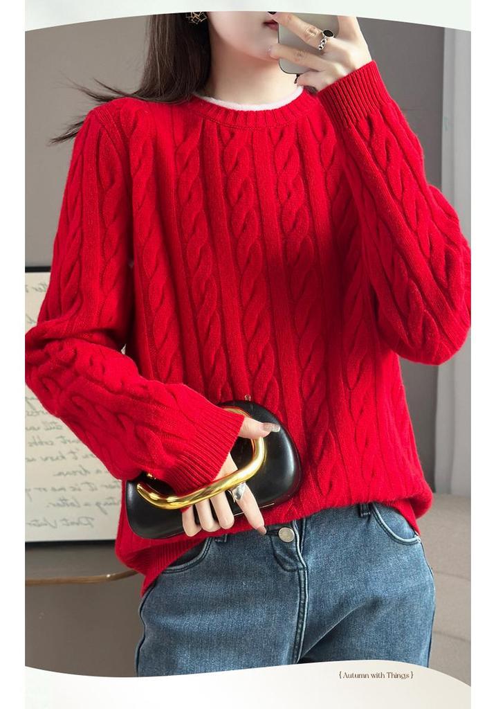 Women's Color-Block Pure Wool Sweater, Cable Knit, Thickened, Loose Fit, Slimming Pullover