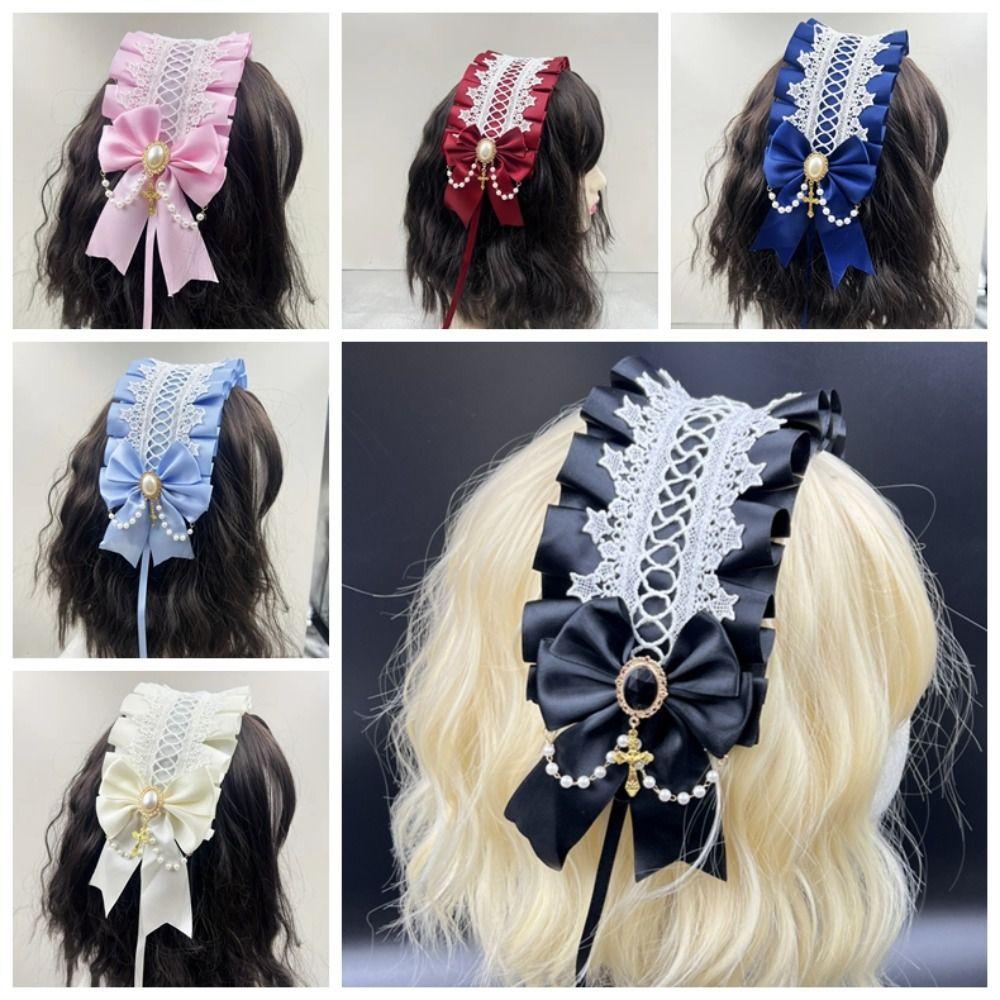 Ribbon Bow Lolita Lace Headband Sweet Maid Cosplay Headdress Cute Ruffled Hairband  Girls