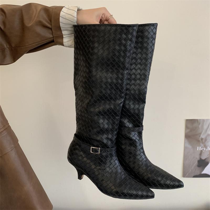 2025 autumn and winter European and American style woven big tube circumference boots temperament pointed head thin heel high heel but knee boots