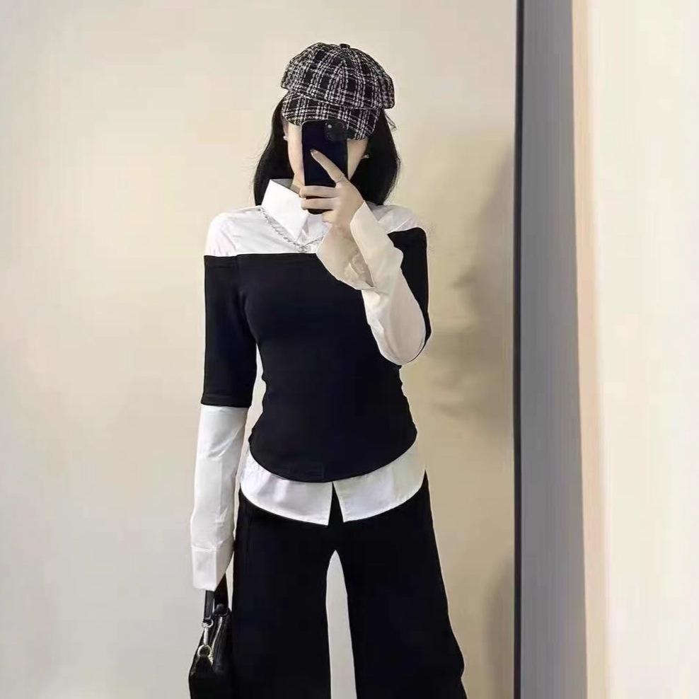 

Женский комплект из двух предметов в корейском стиле: футболка с длинным рукавом - стройнящая, выгодно подчеркивающая фигуру, красивое осеннее поступление S (Premium Quality) чёрный