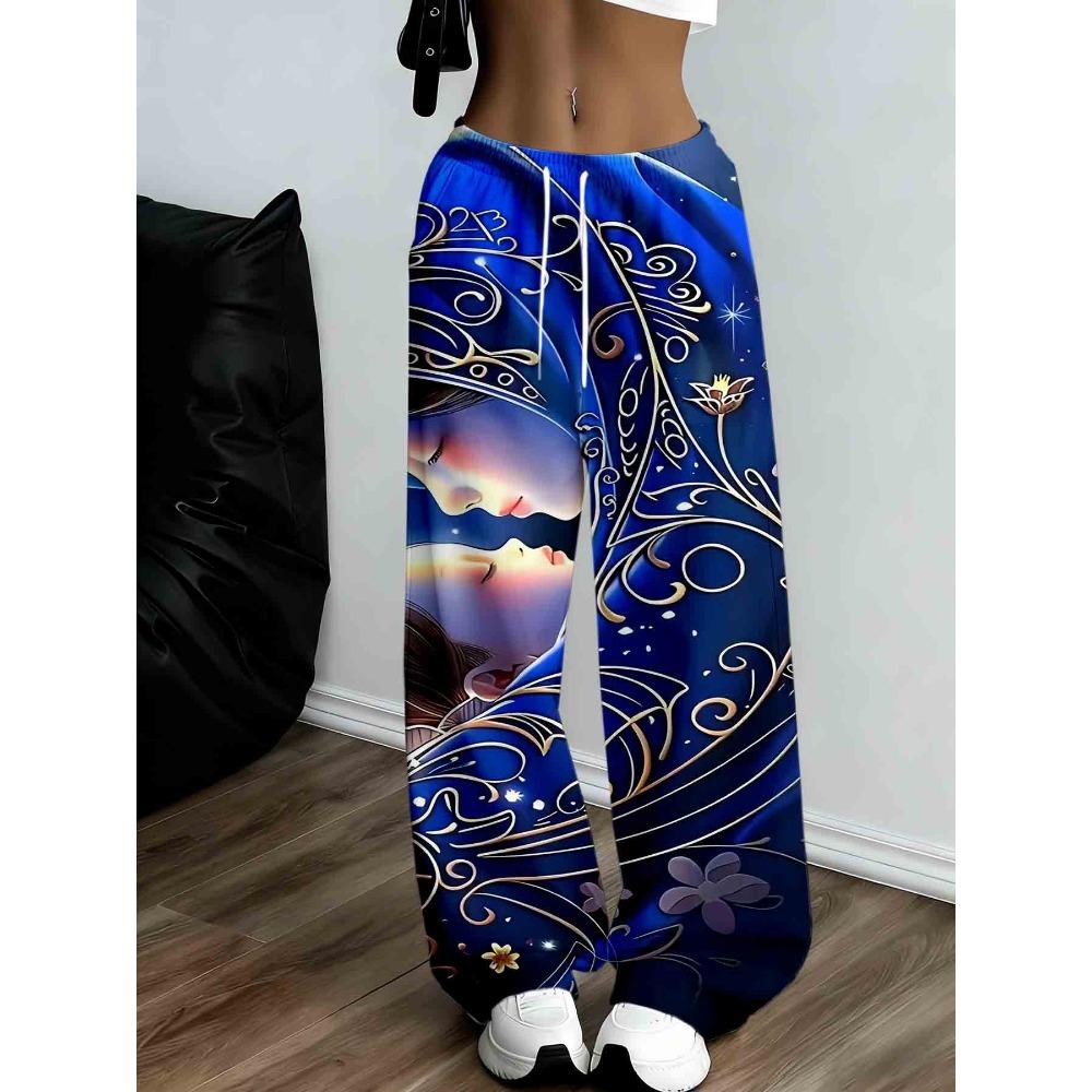 Women's Blue Fantasy Art Print Wide Leg Sweatpants - Loose Waist Drawstring Belt Side Pocket