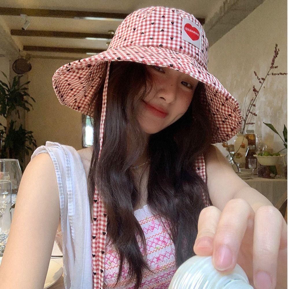 Sun Protection Hiking Fisherman Hat Small Lattice Heart Printed Bucket Hat Plaid Hiking Cap  Travel