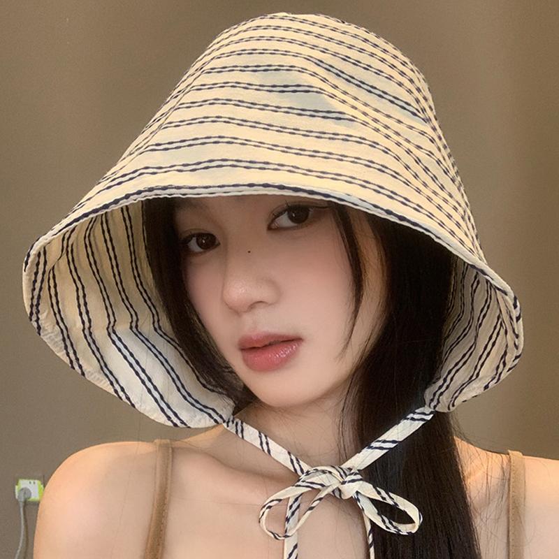 Women'S Wide-Brimmed Foldable Bucket Hat With Drawstring Korean Style Striped Panama Outdoor Hiking Hat Sun Protection Hat