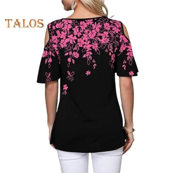 Damen T-Shirt Rundhalsausschnitt Kalte Schulter Kurzarm T-Shirt Lockere Passform Blumendruck Lässiges T-Shirt Für Den Alltag