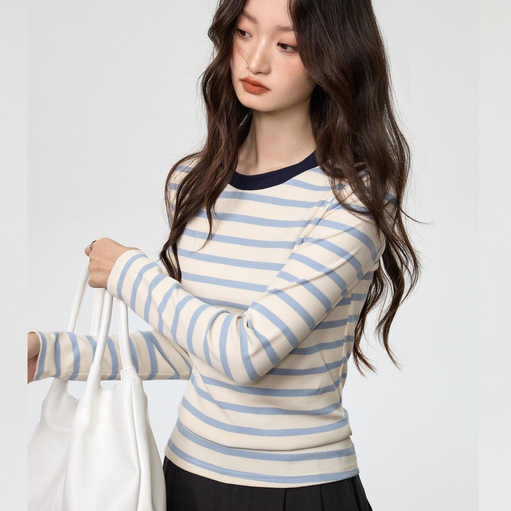 Contrast Color Striped Round Neck Long Sleeve T-Shirt Women's New Autumn Winter Slim Fit Bottoming Top
