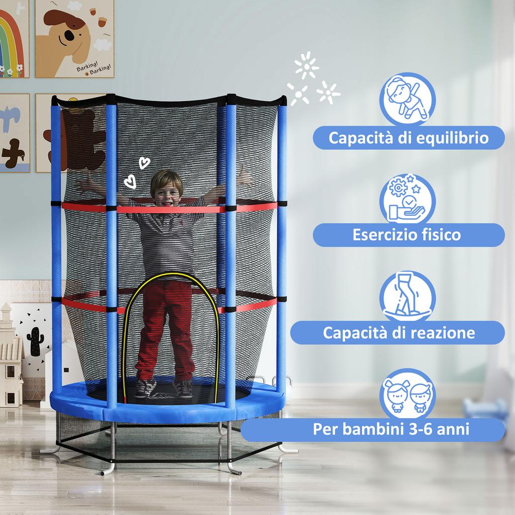 Trampoline for Children 3-6 Years with Safety Net, 6 Poles and 3 Entrances, Diameter 140x190 Cm, Blue and Black