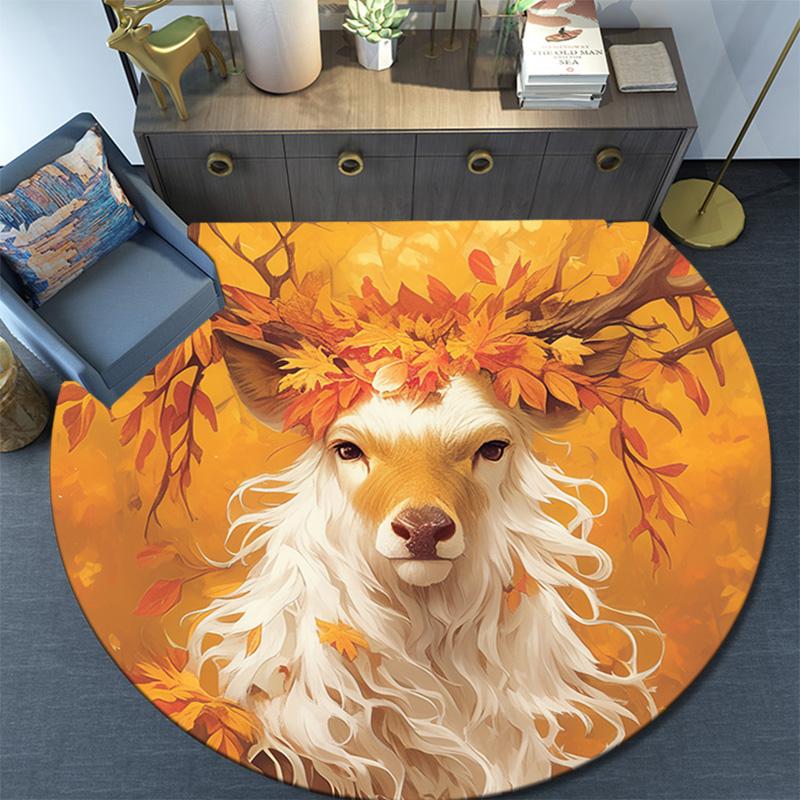 Autumnal Deer Round Area Rug,Carpet Rug for Living Room Bedroom Sofa Playroom Decor,Non-slip Floor Mat