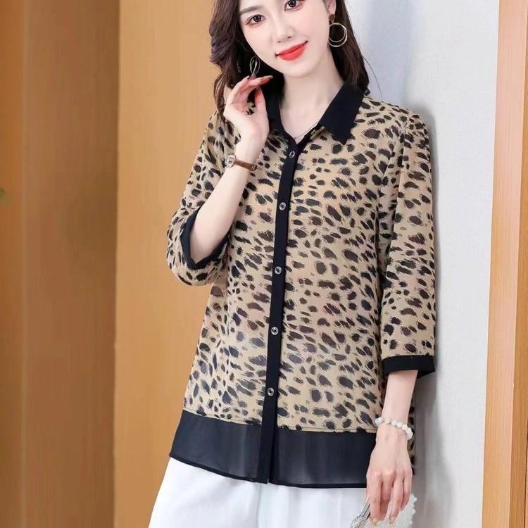 Middle Aged Mother Summer Outfit Three Quarter Sleeves A Stylish Base Small Shirt Middle Aged Elderly Women's Summer Shirt