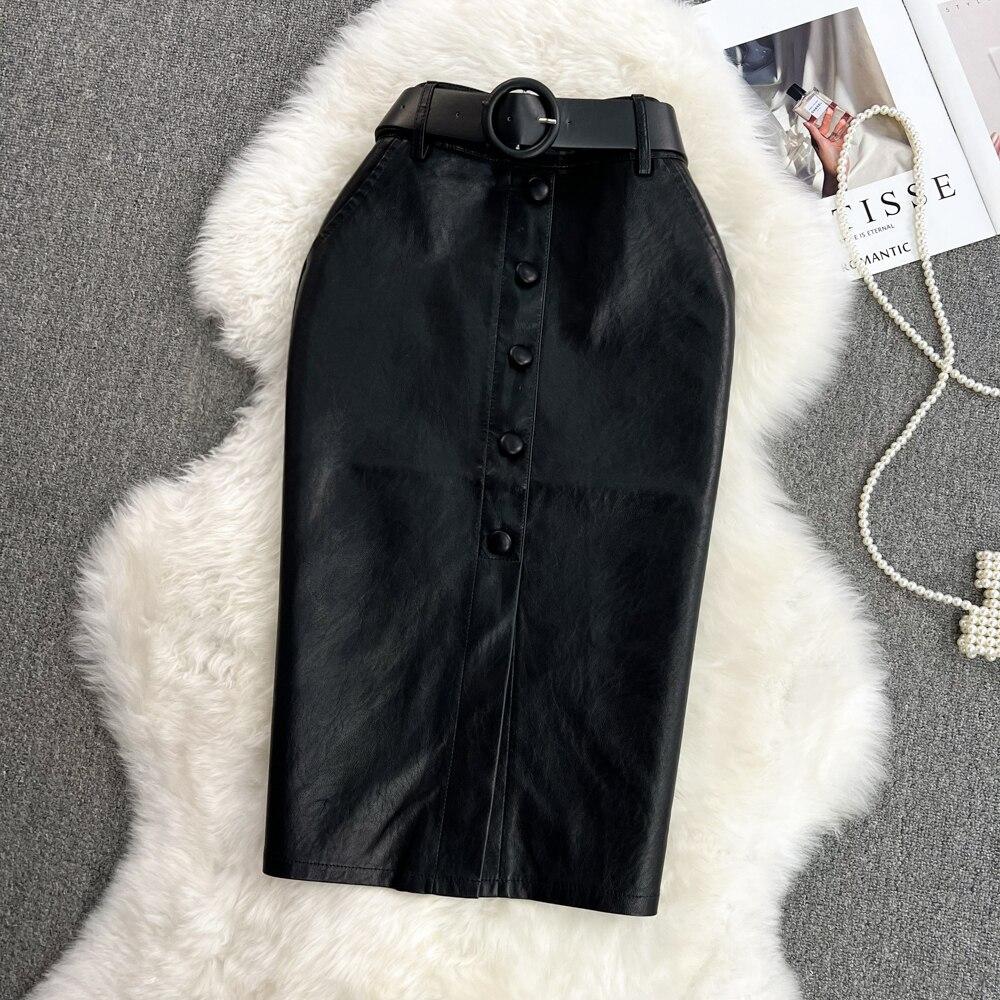 

Осень и Зима Ретро Темперамент Высокая Талия Тонкий Пакет Бедра Однобортный Длинный Разрез Открытая Вымытая Кожа Юбка Половинной Длины XXL чёрный