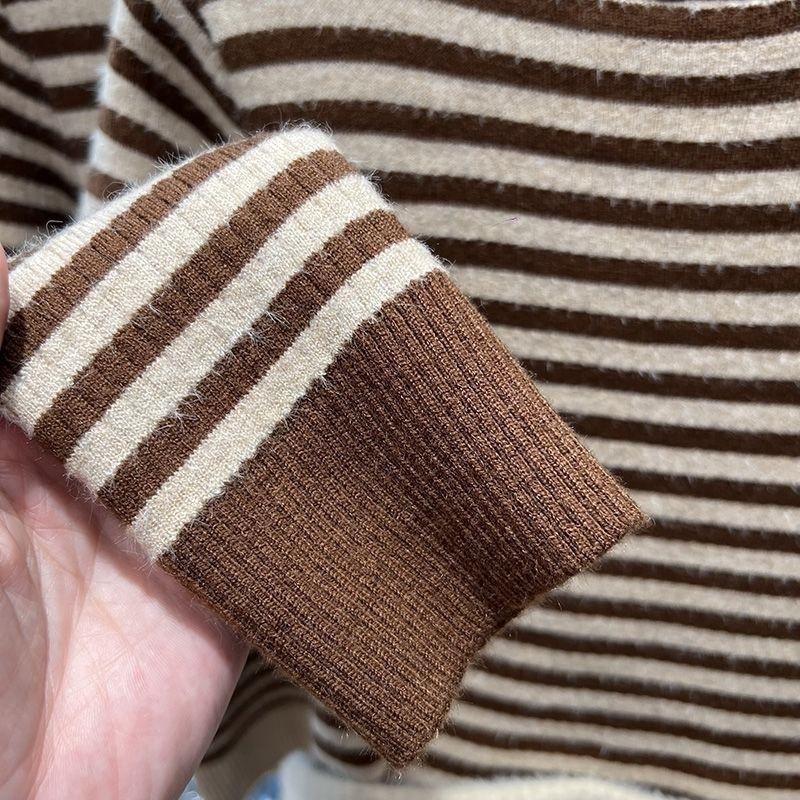 Sweater for Women Autumn Winter Thickened Warm Knitted Stripes Stretchy Long Sleeve Tops