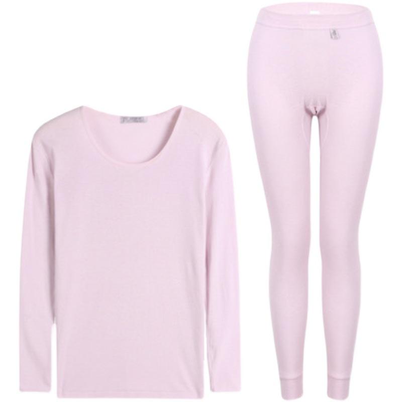 Yi Ershuang Unisex V-Neck & Round-Neck Thin Ribbed Long-Sleeve Shirt and Pants Set - Cotton Wool Solid Color Autumn Wear